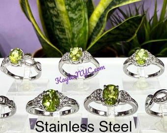 Wholesale Lot 7 pcs Natural Peridot Stainless Steel(316) rings 5x7mm