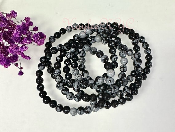 Bracciale Elastico In Ossidiana Fiocco Di Neve - Sfere Da 6mm - Pietra Naturale Lavica Fatto A Mano - 18 Cm