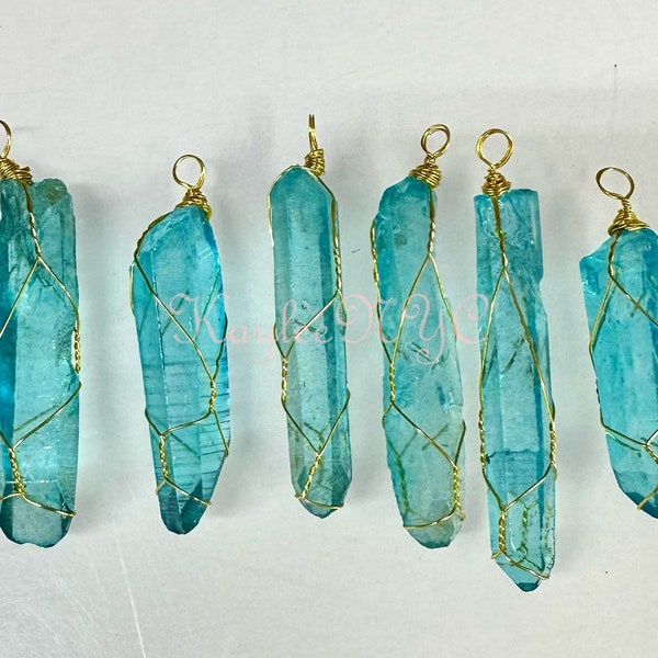 Wholesale Lot 6 Pcs Aqua Aura Lemurian Quartz Wrapped Pendant