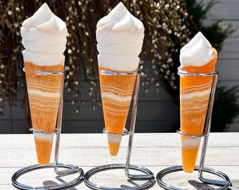 Lote al por mayor de 3-4 conos de helado de calcita naranja natural con soporte Crystal Energy