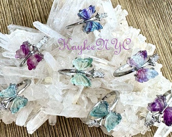 Wholesale Lot 7 pcs Natural Fluorite Butterfly Ring White Bronze