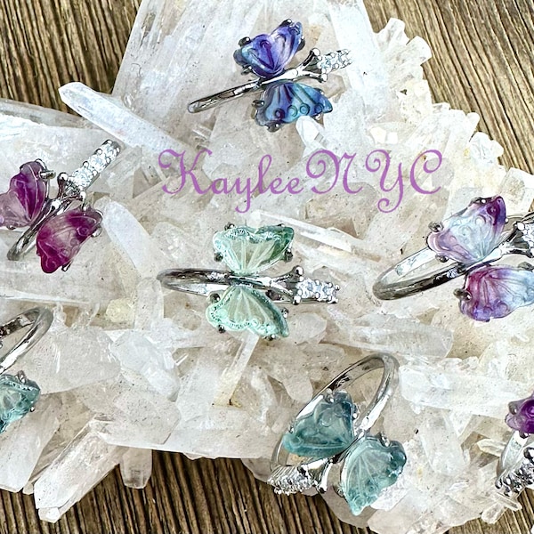 Wholesale Lot 7 pcs Natural Fluorite Butterfly Ring White Bronze