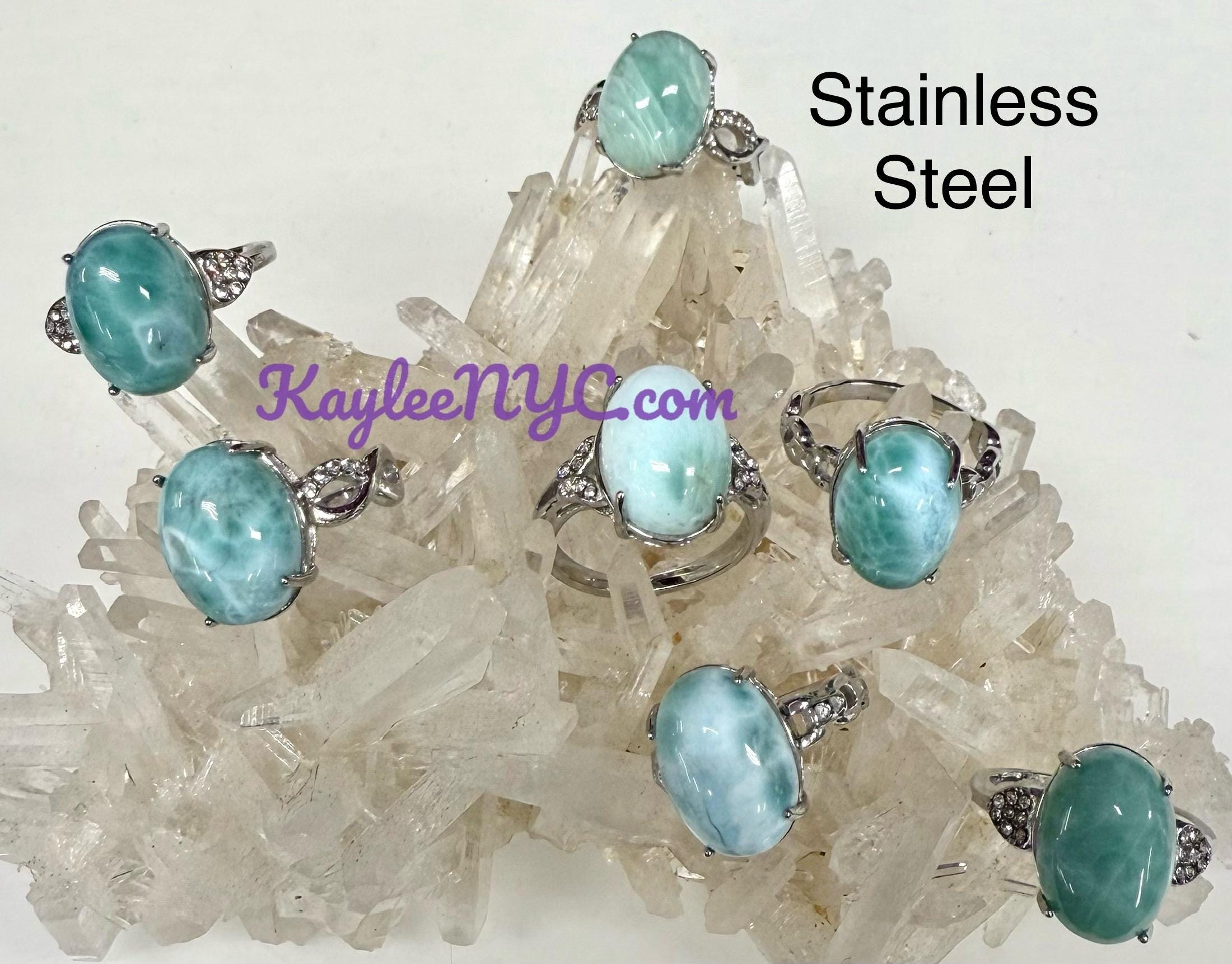 Wholesale Lot 7 pcs Natural Larimar Stainless Steel(316) Rings 10x14mm