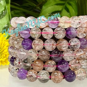 Wholesale 6 Pcs Natural Super 7 Melody Rutilated 8-9mm 7.5” Crystal Healing Stretch Bracelet