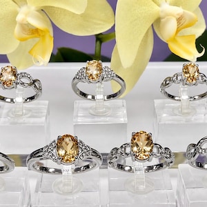 May include: An assortment of silver rings with oval, light orange gemstones. Some rings feature small, clear accent stones. The rings are displayed on clear stands, with yellow orchids in the background.