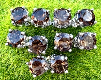 Lote al por mayor de 5 pares de pendientes de cuarzo ahumado natural con postes de plata de ley (925) de 6 mm