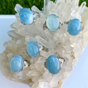 May include: Six silver rings with oval aquamarine gemstones. The rings have a delicate, floral design.