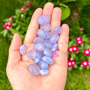May include: A collection of blue chalcedony tumbled stones in various sizes and shapes. The stones are smooth and polished, with a light blue color and some white inclusions.
