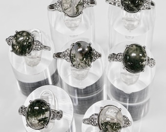 Lote al por mayor de 7 anillos de acero inoxidable (316) con ágata musgosa natural, 10 x 12 mm