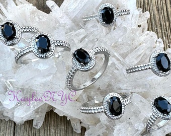 Wholesale Lot 7 pcs Natural Black Spinel Ring White Bronze