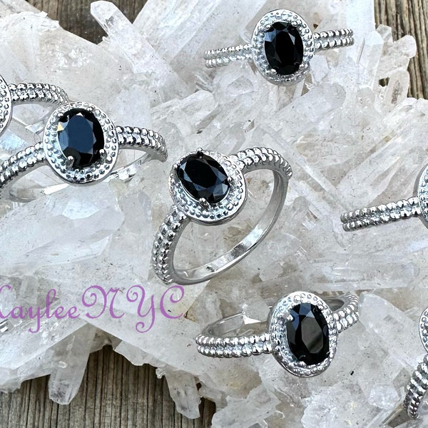 Wholesale Lot 7 pcs Natural Black Spinel Ring White Bronze