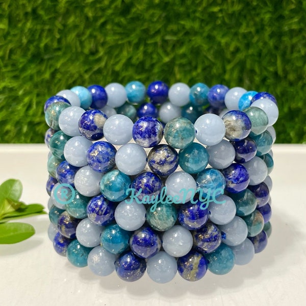 Wholesale 6 Pcs 8mm Mix Natural Blue Crystals Healing Stretch Bracelet 7.5"