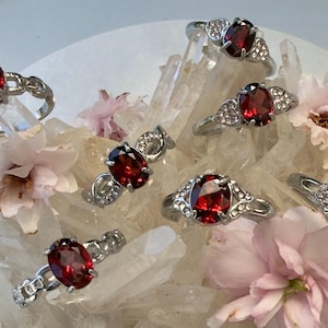 May include: An assortment of silver rings with oval, deep red gemstones. Some rings feature additional small, clear stones. The rings are displayed on a bed of clear crystals and surrounded by pink flowers.
