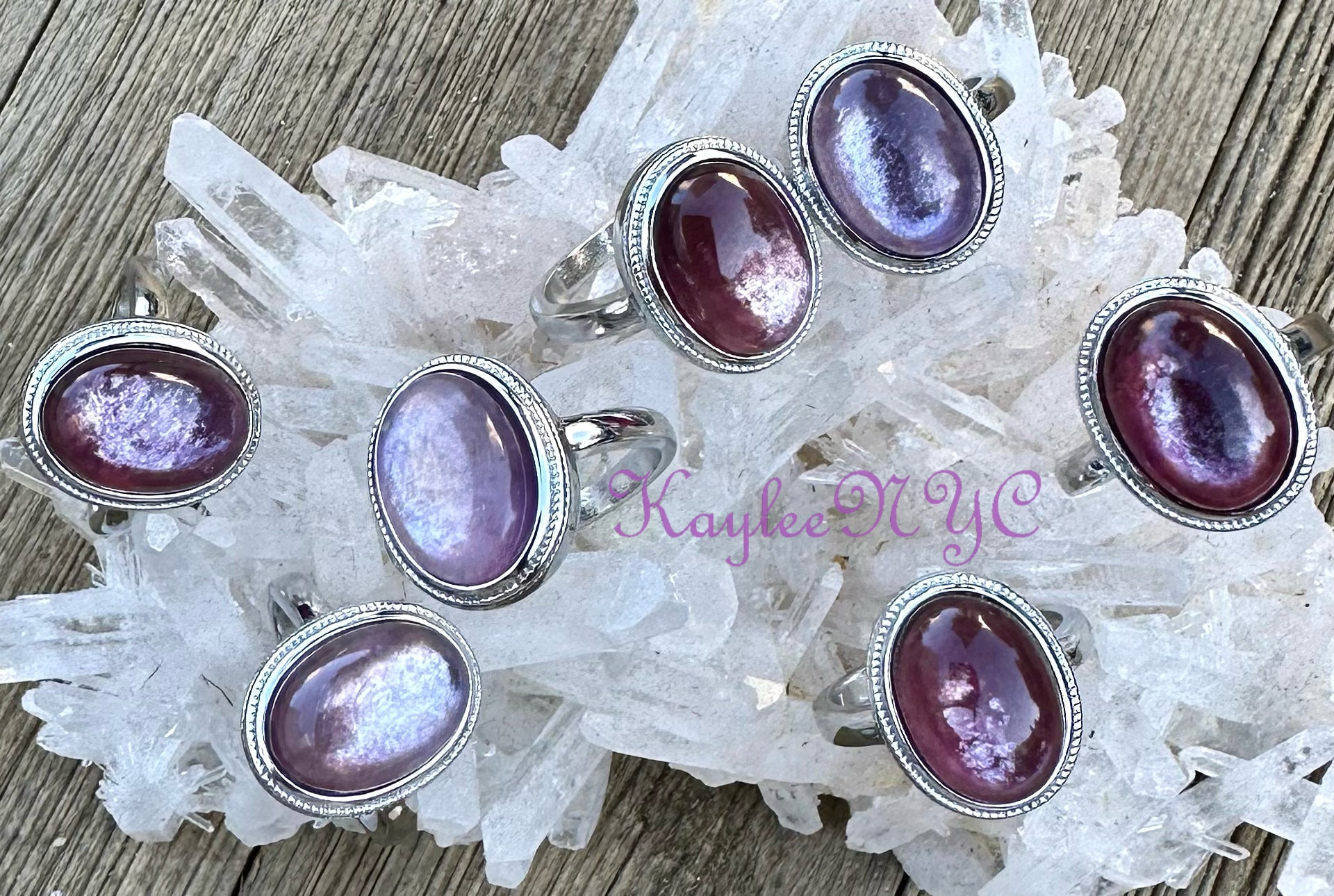 Wholesale Lot 7 Pcs Natural Purple Mica Lepidolite White Bronze rings