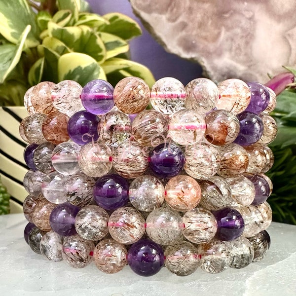 Wholesale 6 Pcs Natural Super 7 Melody Rutilated 8mm 7.5” Crystal Healing Stretch Bracelet