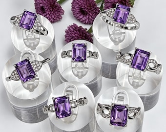 Wholesale 7 pcs Amethyst Enerald Cut Stainless Steel(316) Rings Natural Crystal 7x9mm