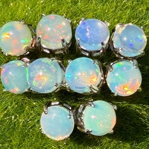 May include: A collection of opal stud earrings with a silver setting. The opals are round and display a range of colors, including blue, green, and orange, with a shimmering effect. The earrings are arranged on a bed of green grass.