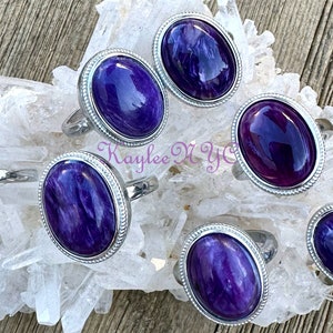 Wholesale Lot 7 pcs Natural Charoite Ring White Bronze