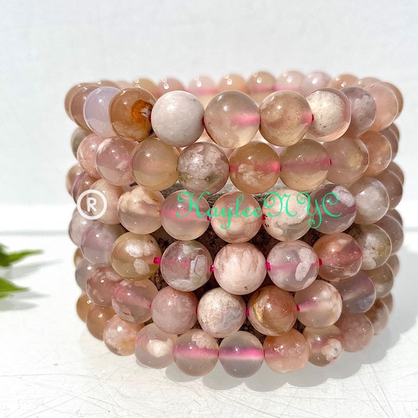 Wholesale 6 Pcs Natural Cherry Blossom Flower Agate 8mm 7.5” Stretch Bracelet Crystal Healing Energy