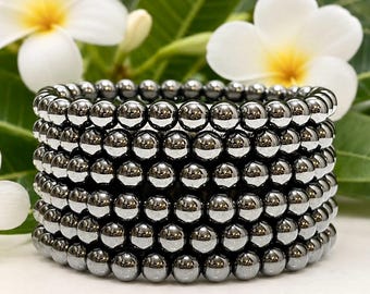 Pulsera elástica de hematita de 6 mm con cristales curativos naturales, 19 cm, venta al por mayor (6 unidades)