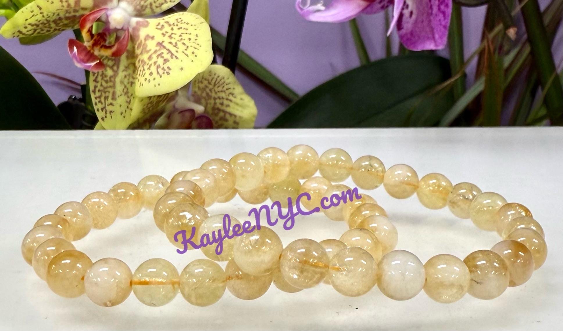 Bracciale Elasticizzato Con Pietra Curativa Al Citrino, Fatto A Mano Con Perle Naturali Da 8 Mm, Circonferenza 17 Cm, Regalo In Sacchetto Om Aum, Per Donne E Amiche