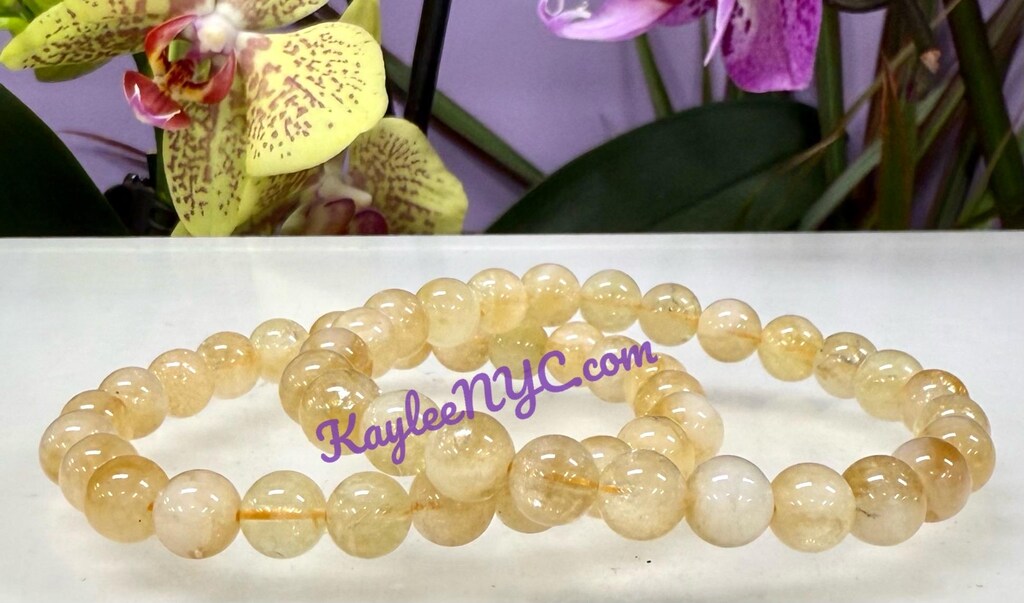 Bracciale Elasticizzato Con Pietra Curativa Al Citrino, Fatto A Mano Con Perle Naturali Da 8 Mm, Circonferenza 17 Cm, Regalo In Sacchetto Om Aum, Per Donne E Amiche