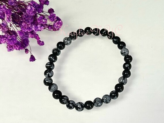Bracciale Elastico In Ossidiana Fiocco Di Neve - Sfere Da 6mm - Pietra Naturale Lavica Fatto A Mano - 18 Cm