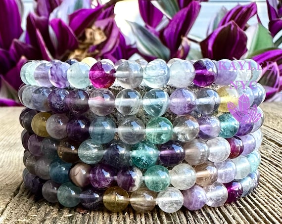 Wholesale 6 Pcs 6mm Rainbow Fluorite Natrual Crystal Healing Stretch Bracelet 7.5"