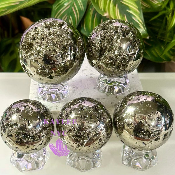 Vente en gros, lot de 4 à 5 sphères de pyrite naturelle, boule de cristal, énergie de guérison 2,8 à 3 lb