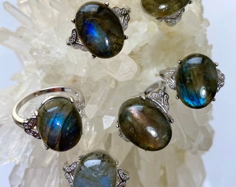 Wholesale Lot 6 pcs Natural Labradorite Ring White Bronze