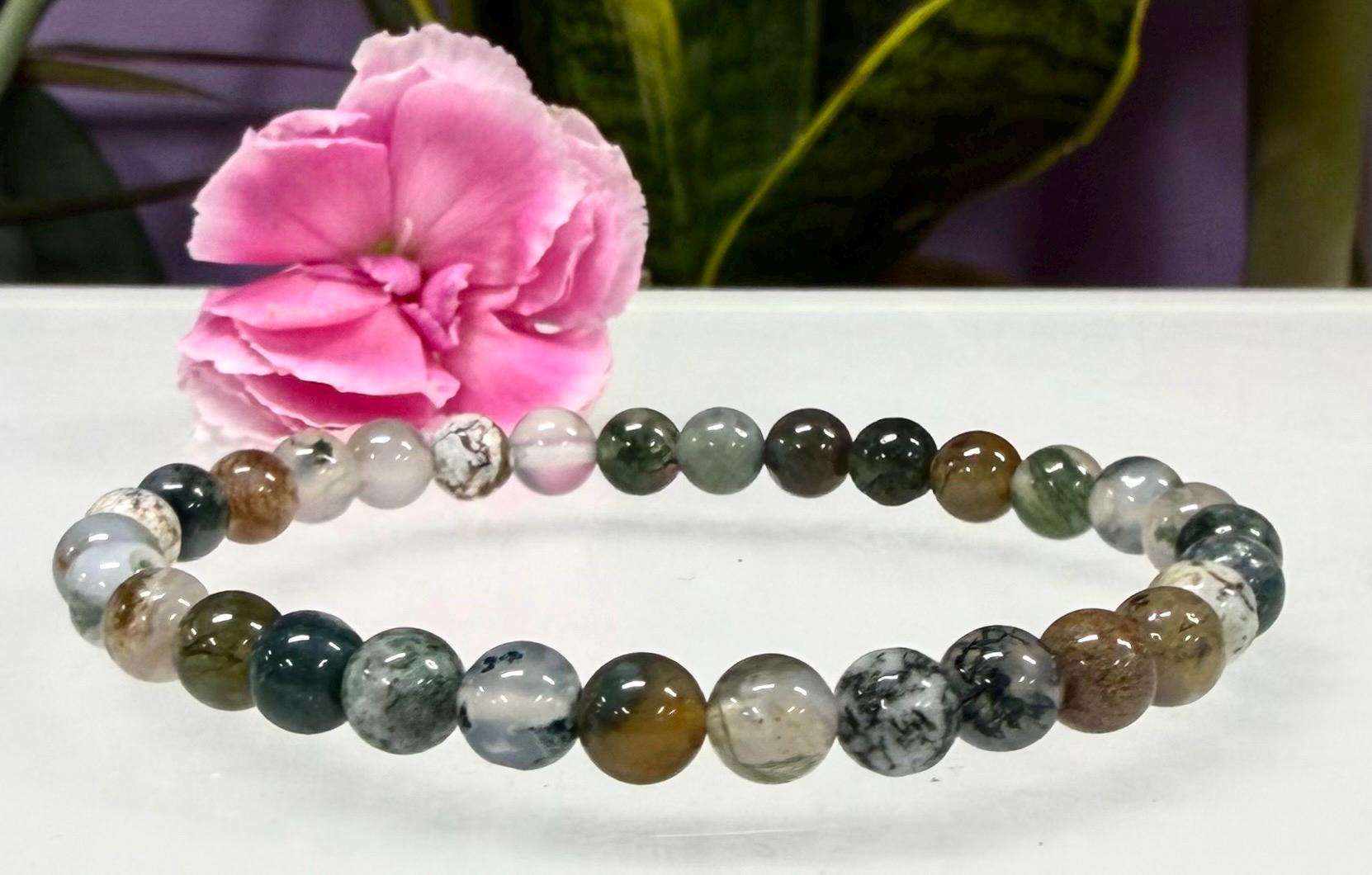 thumbnail image 2 of Wholesale Lot 6 Pcs – Natural Indian Moss Agate 6mm Crystal Stretch Bracelets (7.5 Inch) 2 of 6