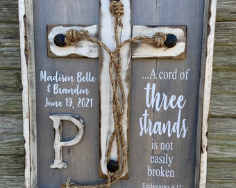 Wedding Braid Cross Sign, Cord of Three Strands Unity Ceremony, Rustic Wood Home Decor