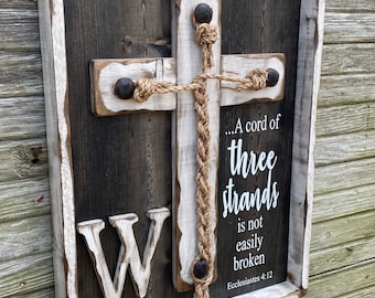 Wedding Braid Cross Sign, Cord of Three Strands Unity Ceremony, Rustic Wood Home Decor