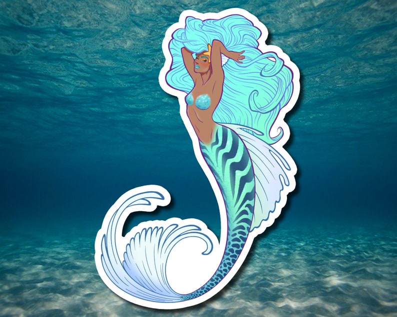 May include: A sticker of a mermaid with blue and green scales, a blue tail fin, and long blue hair. The mermaid is wearing a seashell bra and has a golden crown.