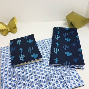 Étui à passeport, protège passeport, protège livret de famille, pochette en coton bleu marine avec cactus bleus ou scarabées