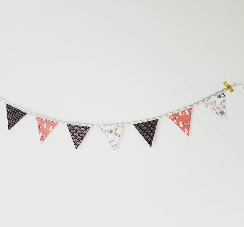 Garland of flags, baby girl banner, wall decoration, fabric garland. Foxes, flowers, houses, tiles. Black red rose. image 1