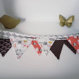 Garland of flags, baby girl banner, wall decoration, fabric garland. Foxes, flowers, houses, tiles. Black red rose. image 2