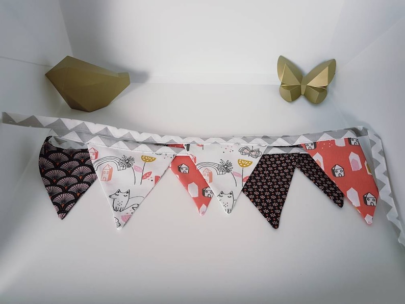 Garland of flags, baby girl banner, wall decoration, fabric garland. Foxes, flowers, houses, tiles. Black red rose. image 2