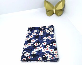 Passport case, passport protector, passport pouch in floral navy fabric, sky blue lining or turquoise saki