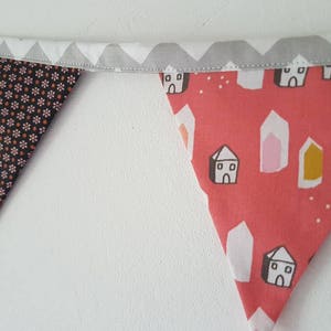 Garland of flags, baby girl banner, wall decoration, fabric garland. Foxes, flowers, houses, tiles. Black red rose. image 3