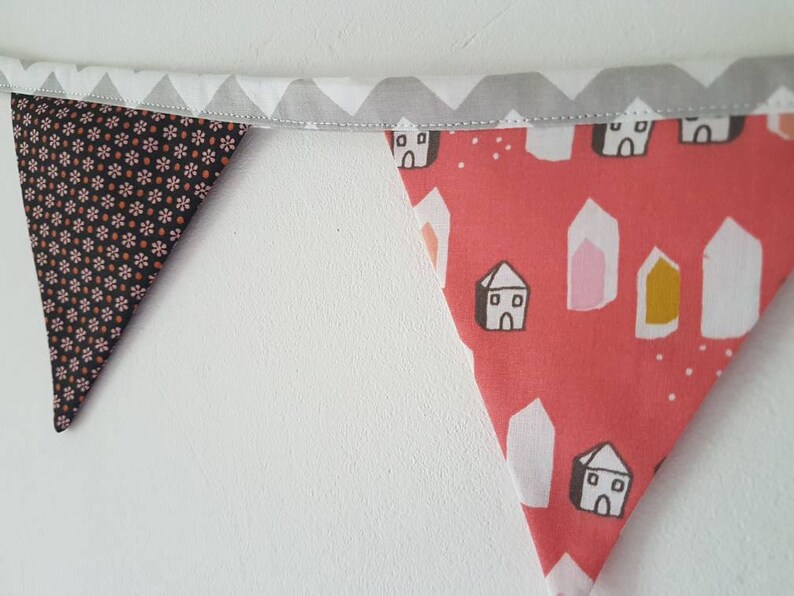 Garland of flags, baby girl banner, wall decoration, fabric garland. Foxes, flowers, houses, tiles. Black red rose. image 3