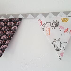 Garland of flags, baby girl banner, wall decoration, fabric garland. Foxes, flowers, houses, tiles. Black red rose. image 4
