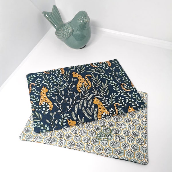 Passport case, passport protector, passport pouch in floral navy blue fabric, sky blue lining with small drops or turquoise saki