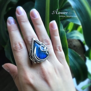 Sterling Silver Gothic Labradorite Ring: Wire Wrapped Elven Jewelry