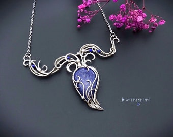 Lapis Lazuli Silver Wire Wrapped Necklace, Art Nouveau Jewelry, Wire Wrap Lapis Jewelry Bridesmaid Necklace