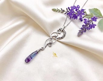 Long Fluorite Pendant Necklace – Silver Art Nouveau Jewelry, Elven Witch Gemstone Necklace, Unique Gift for Her