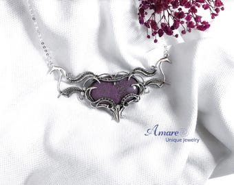Elegant Silver Wire Wrapped Elven Sugilite Necklace Elven Elvish Fantasy Gothic Jewelry Edwardian Necklace Women Gift