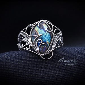 Silver Cuff Wire Wrapped Bracelet Labradorite Gemstone Bracelet Art Nouveau jewelry Fantasy Elvish Elven Wedding Jewelry