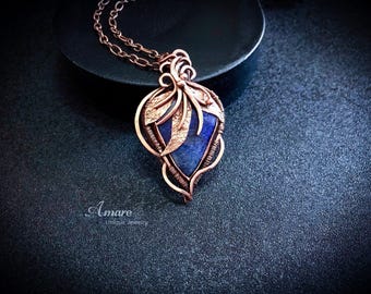 Copper Lapis Lazuli Elven Necklace Women Gift Designer Fantasy Jewelry Wire Wrapped Floral Leaf Magic Witchy Necklace