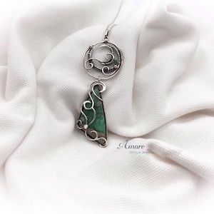 Antique Sterling Silver Elven Gothic Gemstone Pendant Wire Wrapped Variscite Necklace Fantasy Witchy Triangular Unique Jewelry